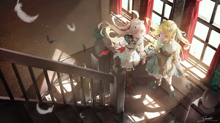 Saraki and blonde girl on stairs with feathers and sunlight