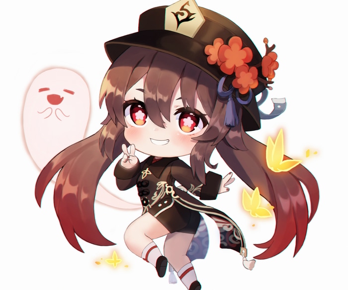 Chibi Hu Tao from Genshin Impact with a ghost