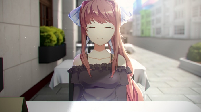 Monika from Doki Doki Literature Club smiling outdoors