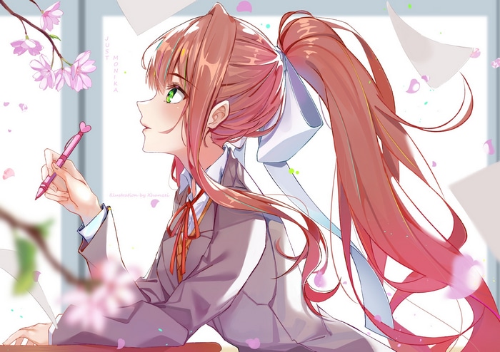 Monika from Doki Doki Literature Club holding a pen