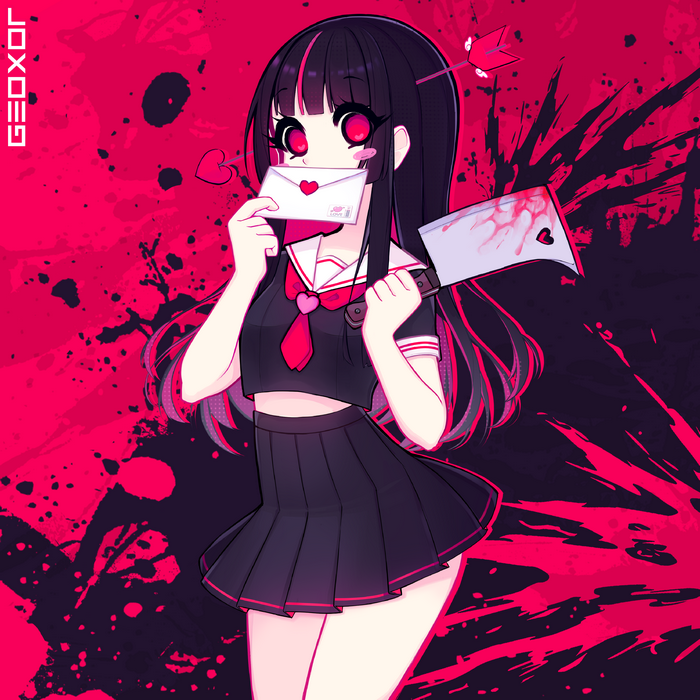 Anime girl with a bloody cleaver and love letter