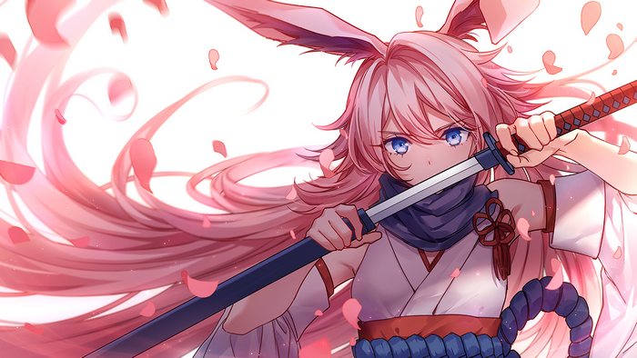 Yae Sakura with pink hair and bunny ears holding a sword