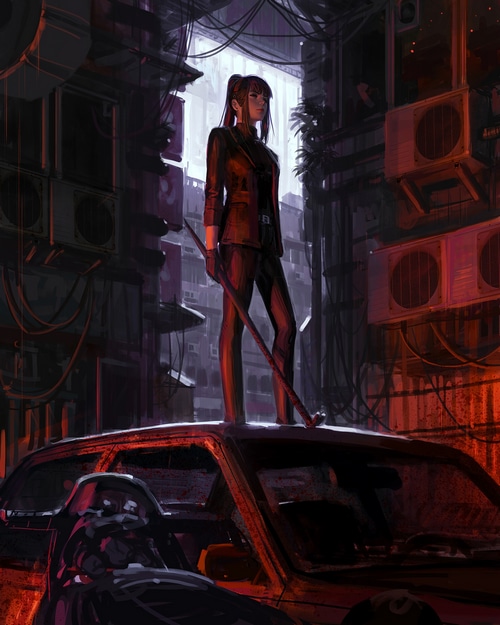 Woman in black suit standing on a car