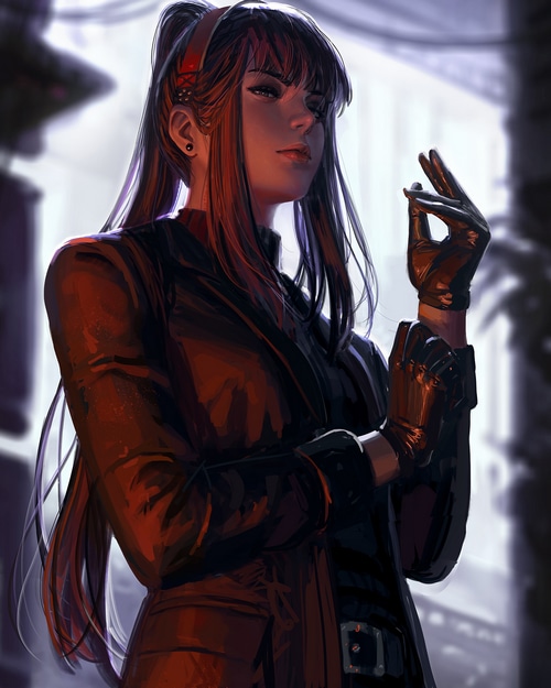 Woman in black jacket and gloves, digital painting