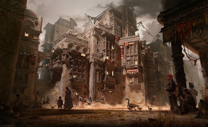Fantasy Arabic city with intricate architecture and people