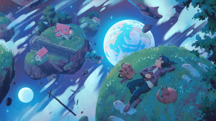Woman and fox lying on floating island with moon