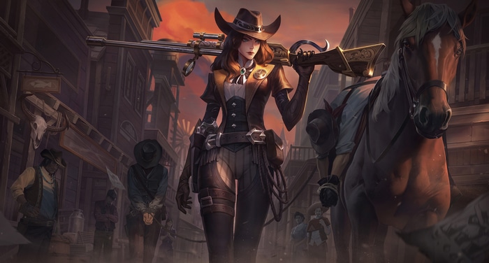 Caitlyn with a Sniper Rifle and Horse in a Western Town