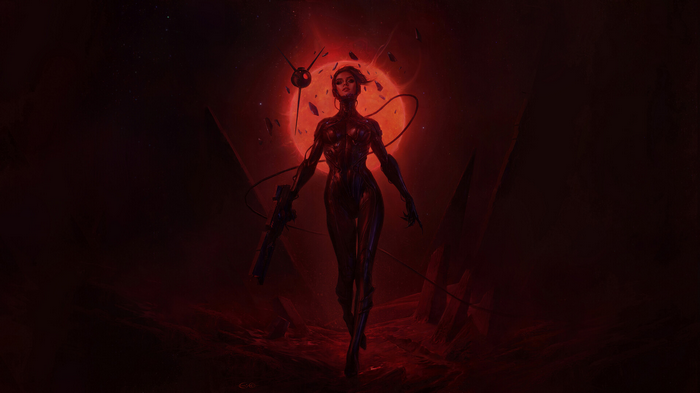 Eva Kosmos with a weapon in front of a red sun
