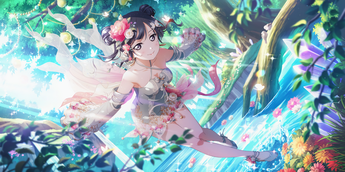 Yuki Setsuna in a magical forest with crystals and flowers