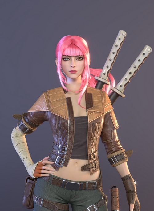 CGI woman with pink hair and swords