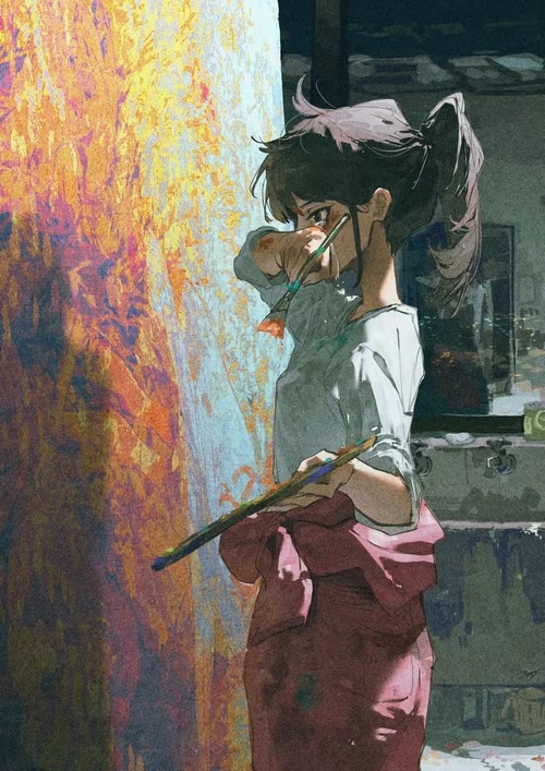 Girl painting on a canvas with tears