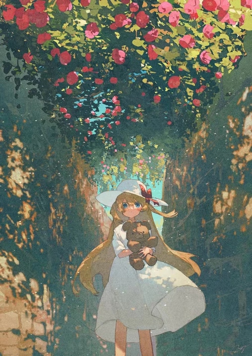 Girl in a hat holding a teddy bear under roses