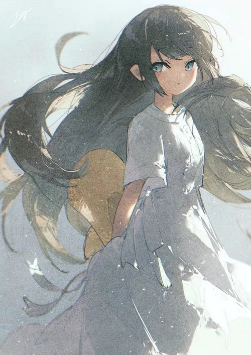 Anime girl with long black hair and blue eyes