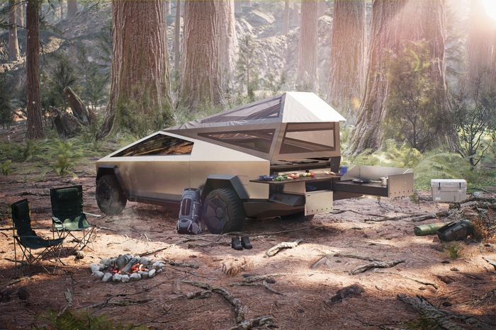 Tesla Cybertruck camping in a forest