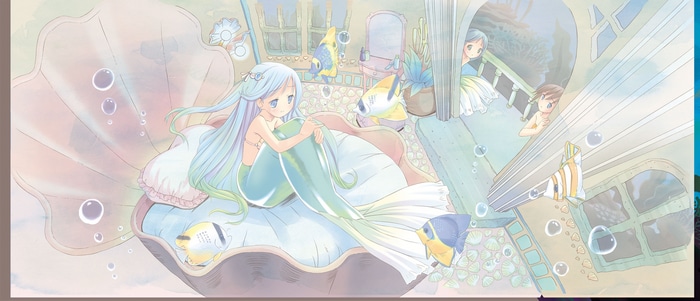 Mermaid sitting in a giant seashell with fish and girls