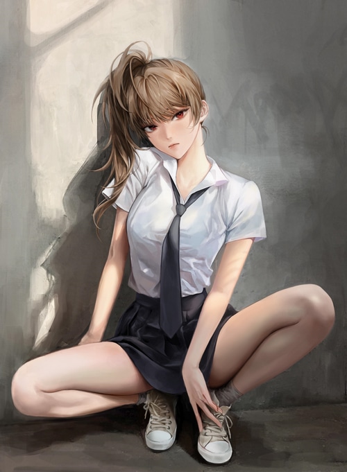 Tannamu schoolgirl squatting against a wall
