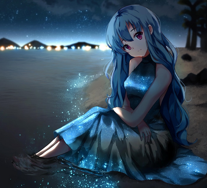 Girl with blue hair and purple eyes on a beach at night