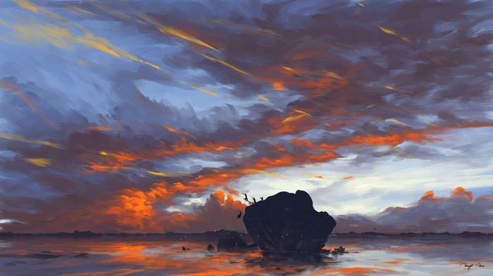 Digital painting of people jumping off rocks at sunset