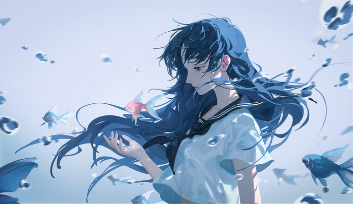 Girl with blue hair and fish