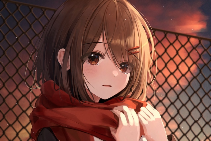 Tateyama Ayano crying by a fence at sunset