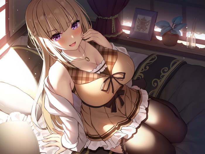 Blonde girl with purple eyes in bed