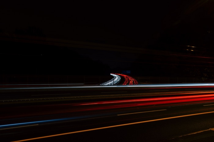 Light trails on a highway at night