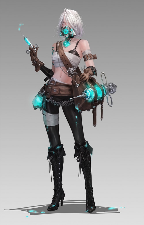 Liz Son, a woman with a syringe and mask