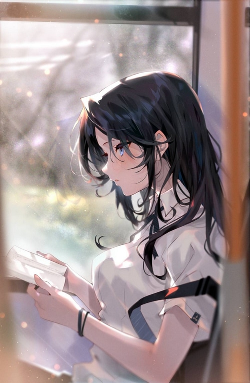 Anime girl with blue eyes reading a book