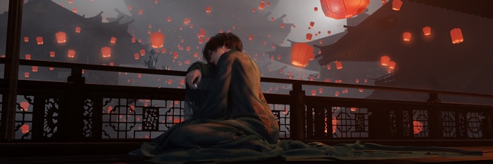 Ghostblade character with Chinese lanterns