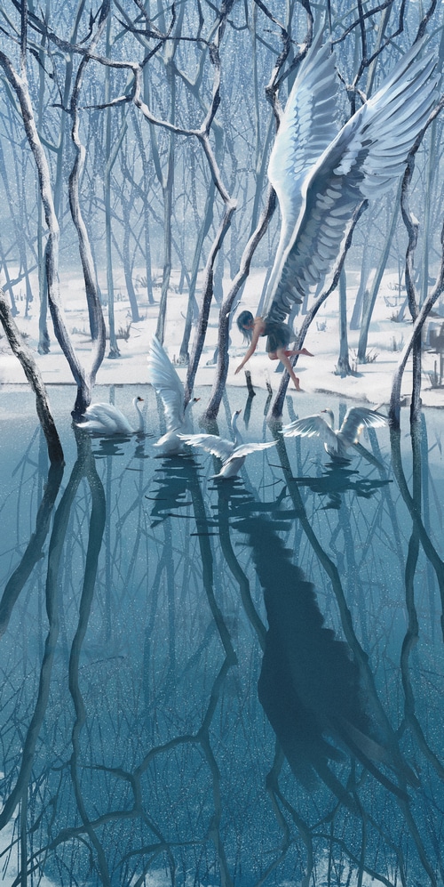 WLOP's Angel and Swans in a Snowy Forest