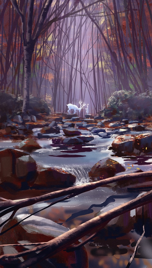 Two glowing deer stand by a stream in a forest