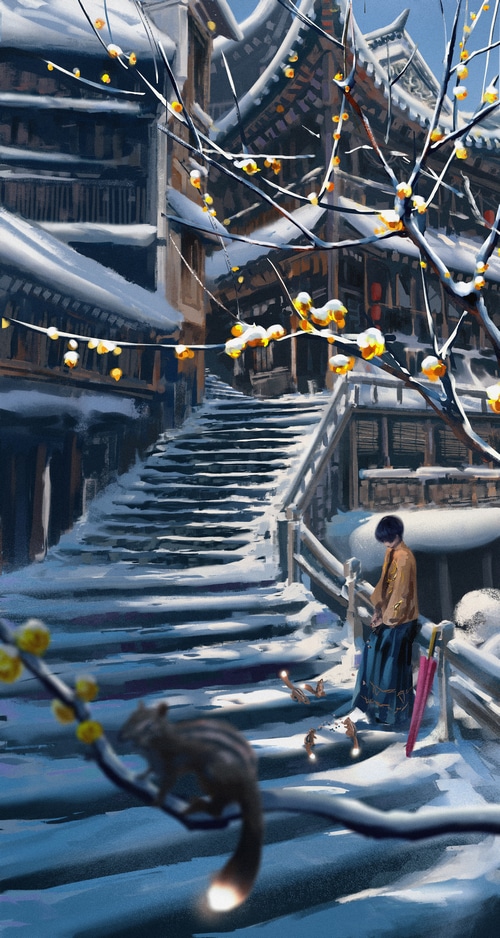 Ghostblade snow scene with a person and squirrels