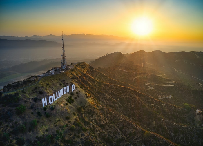 4K Sunrise Aerial View of the Hollywood Sign