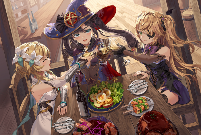 Genshin Impact: Mona, Lumine, and Fischl enjoy a meal