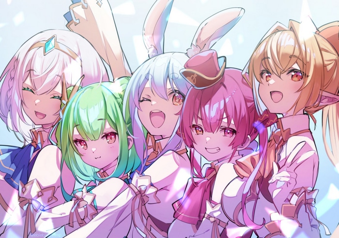 Hololive Virtual YouTubers Uruha Rushia, Usada Pekora, Shiranui Flare, Shirogane Noel, and Houshou Marine