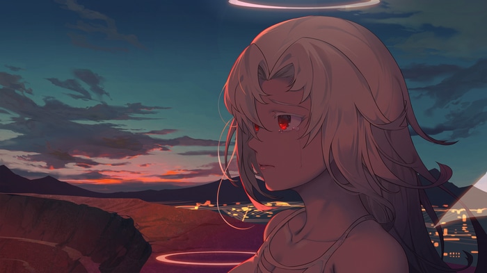 Anime girl with red eyes and blonde hair crying