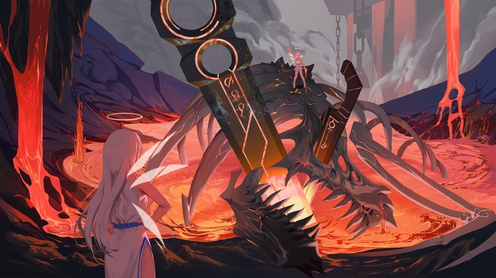 Wangxiii and a small winged figure on a dragon skeleton