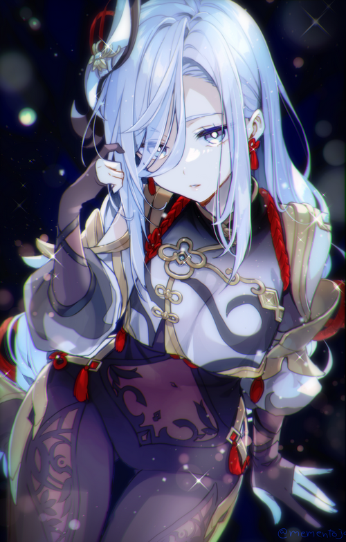 Shenhe from Genshin Impact with blue hair and eyes