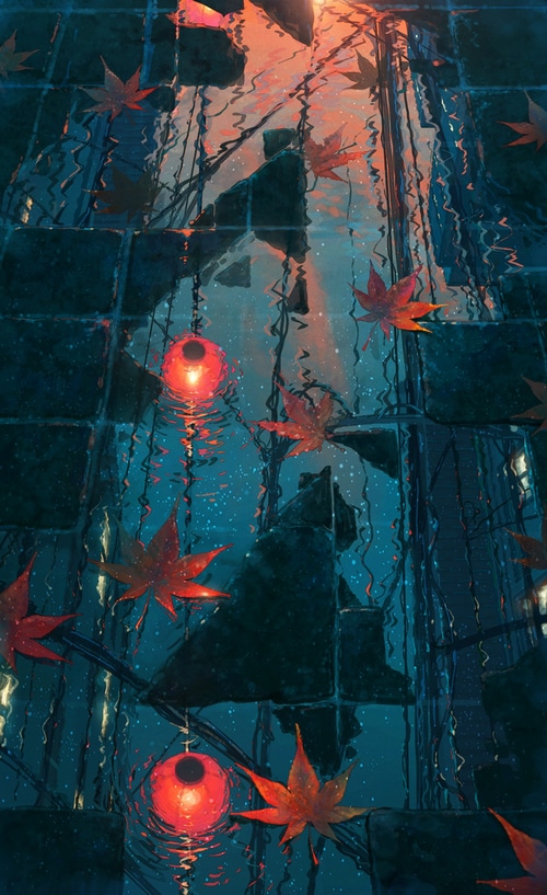 Anime style reflection of red leaves and lanterns in water