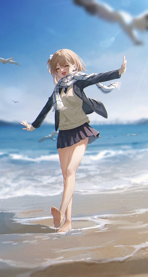 Girl in school uniform on a beach with seagulls