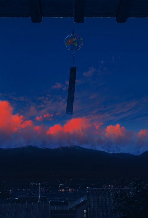 Artwork of a wind chime against a twilight sky