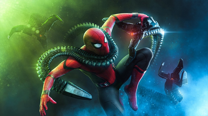 Spider-Man fighting Doctor Octopus's mechanical tentacles