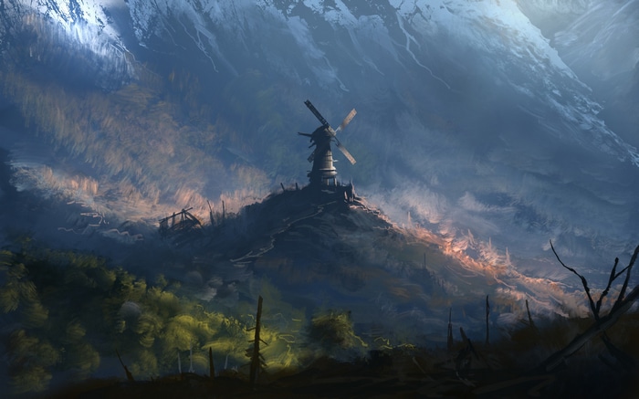 Artwork of a windmill on a mountain