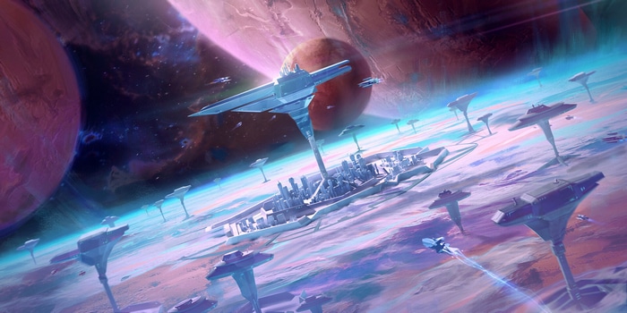 Futuristic city on a planet with spaceships