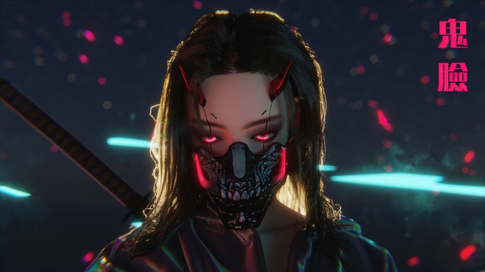 Cyberpunk woman with mask and sword