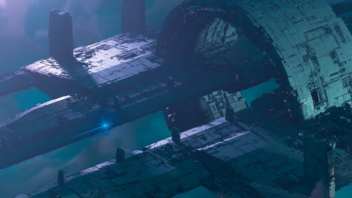 Massive science fiction spaceship in a nebula