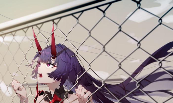 Raiden Mei behind a chain-link fence