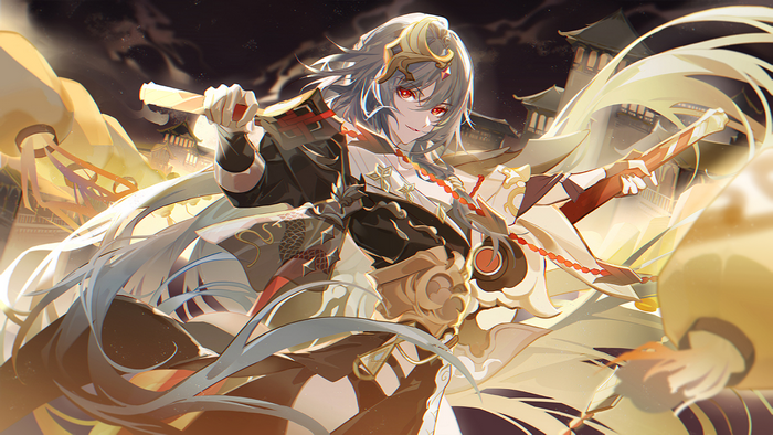 Artwork of a woman with swords and flowing robes
