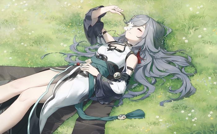 Fu Hua lying on grass with a flower in Honkai Impact 3rd