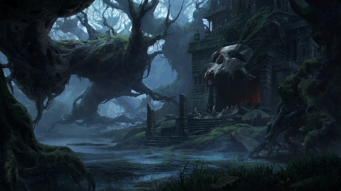 Dark swamp with ancient ruins and a giant skull